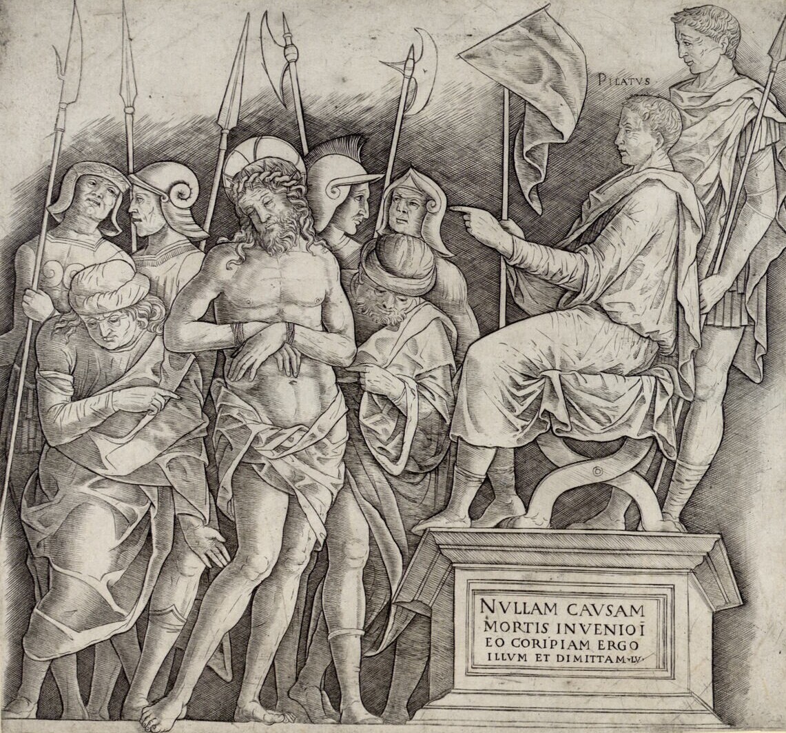 Jesus Christ before Pontius Pilate, Roman governor of Judea, in an engraving by Andrea Zoan, c. 17th century. Albertina. Public Domain.